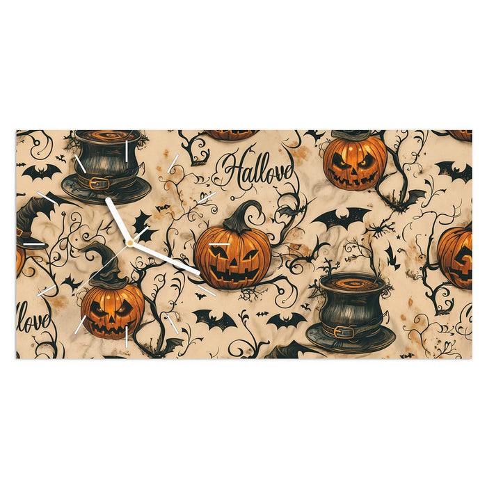 Wanduhr Halloween Kürbisse aus Glas – Querformat 60 × 30 cm mit Ziffernblatt Linie