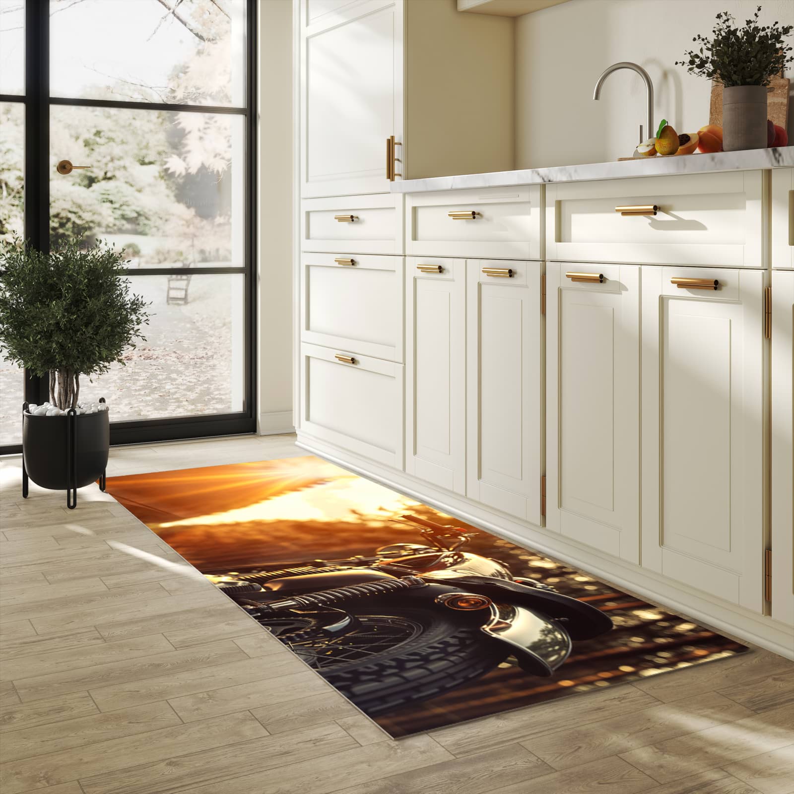 Flacher rutschfester Küchenläufer mit Motiv Motorradsonne in heller Küche