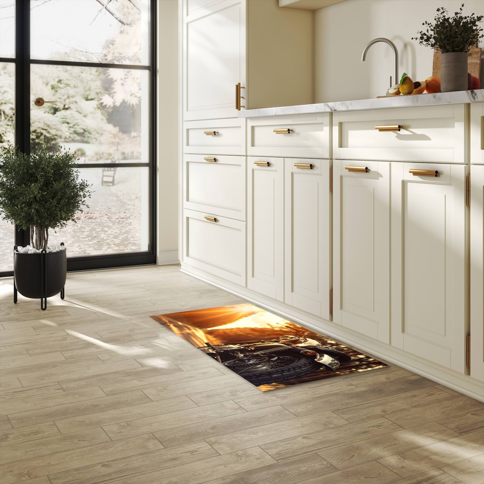 Formstabiler waschbarer Küchenteppich mit Motiv Motorradsonne in heller Küche