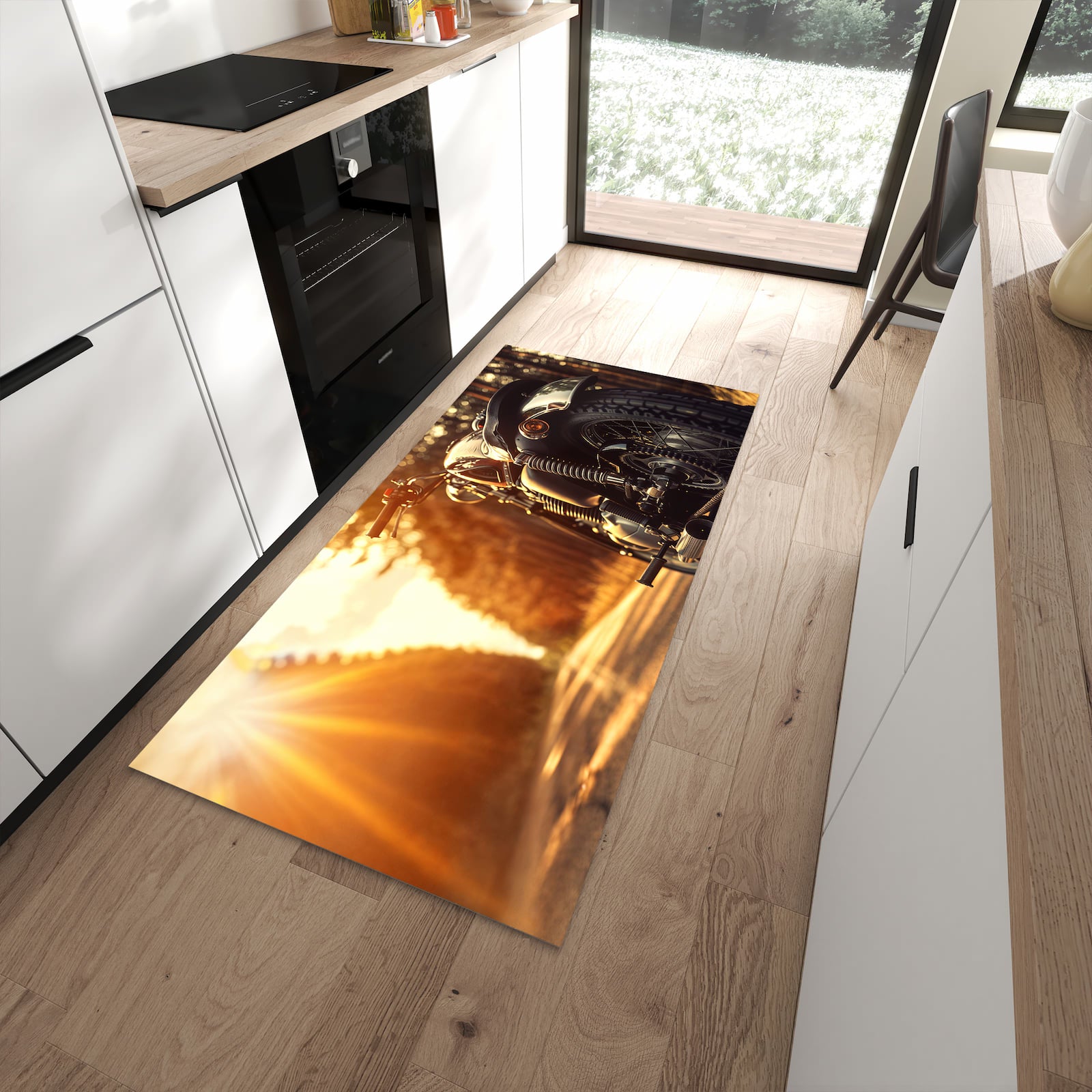 Küchenteppich mit Motiv Motorradsonne für angenehme Haptik in moderner Küche