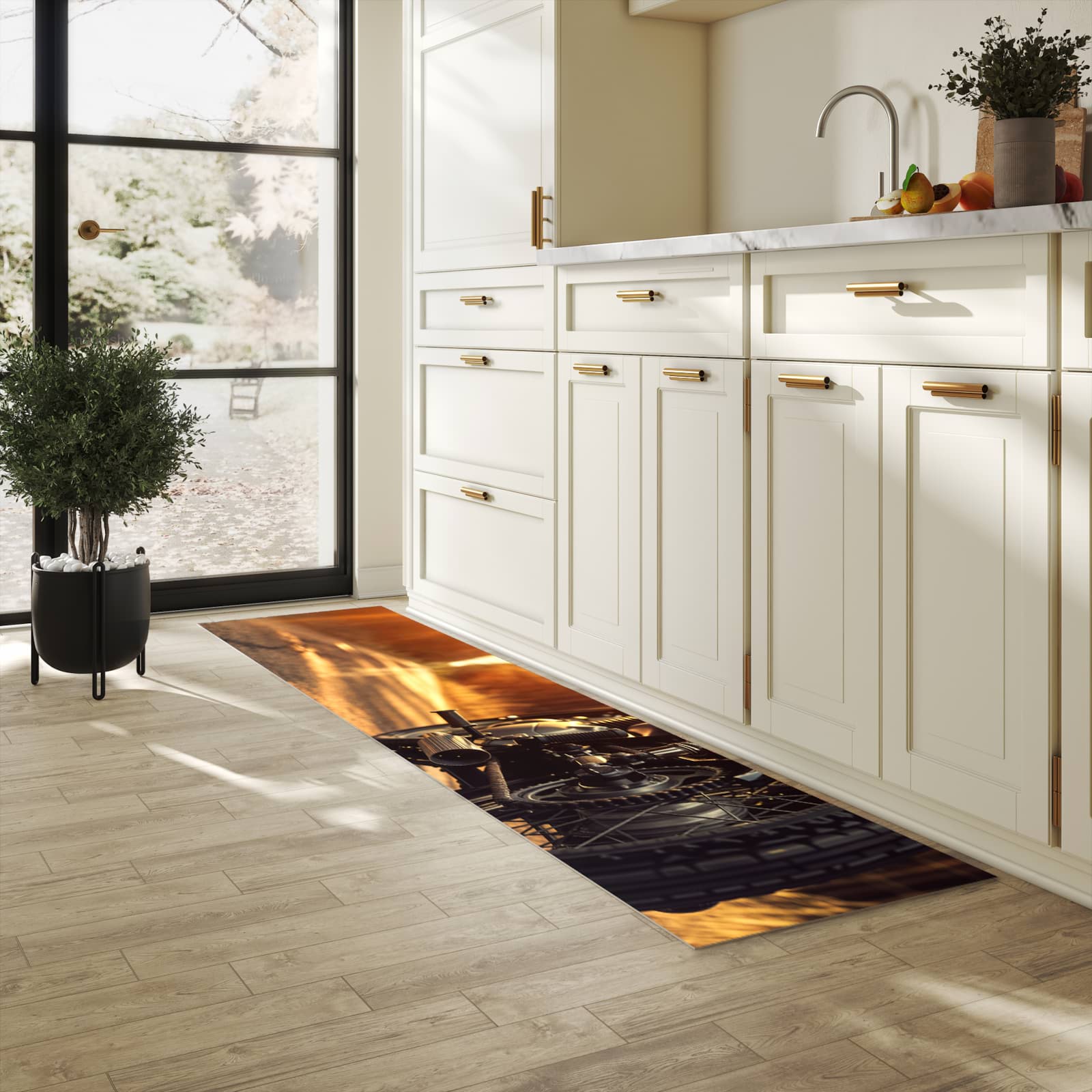 Abriebfester Küchenteppich mit Motiv Motorradsonne in heller Küche