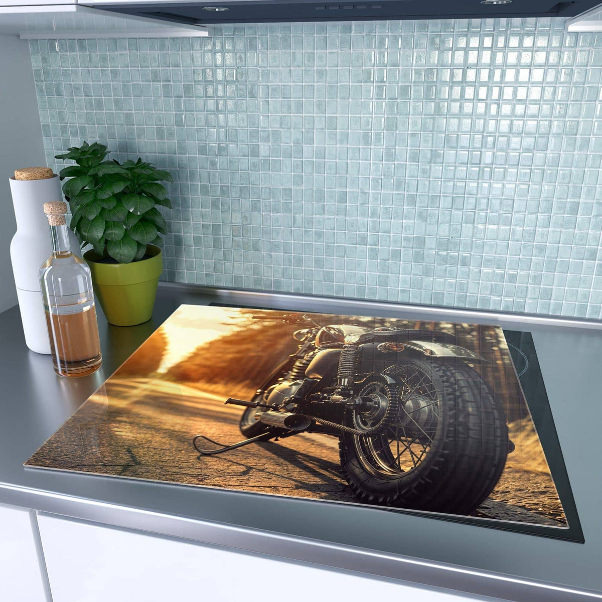 1-teilige Abdeckplatte Induktionsherd mit Motorradsonne-Motiv auf dem Ceranfeld