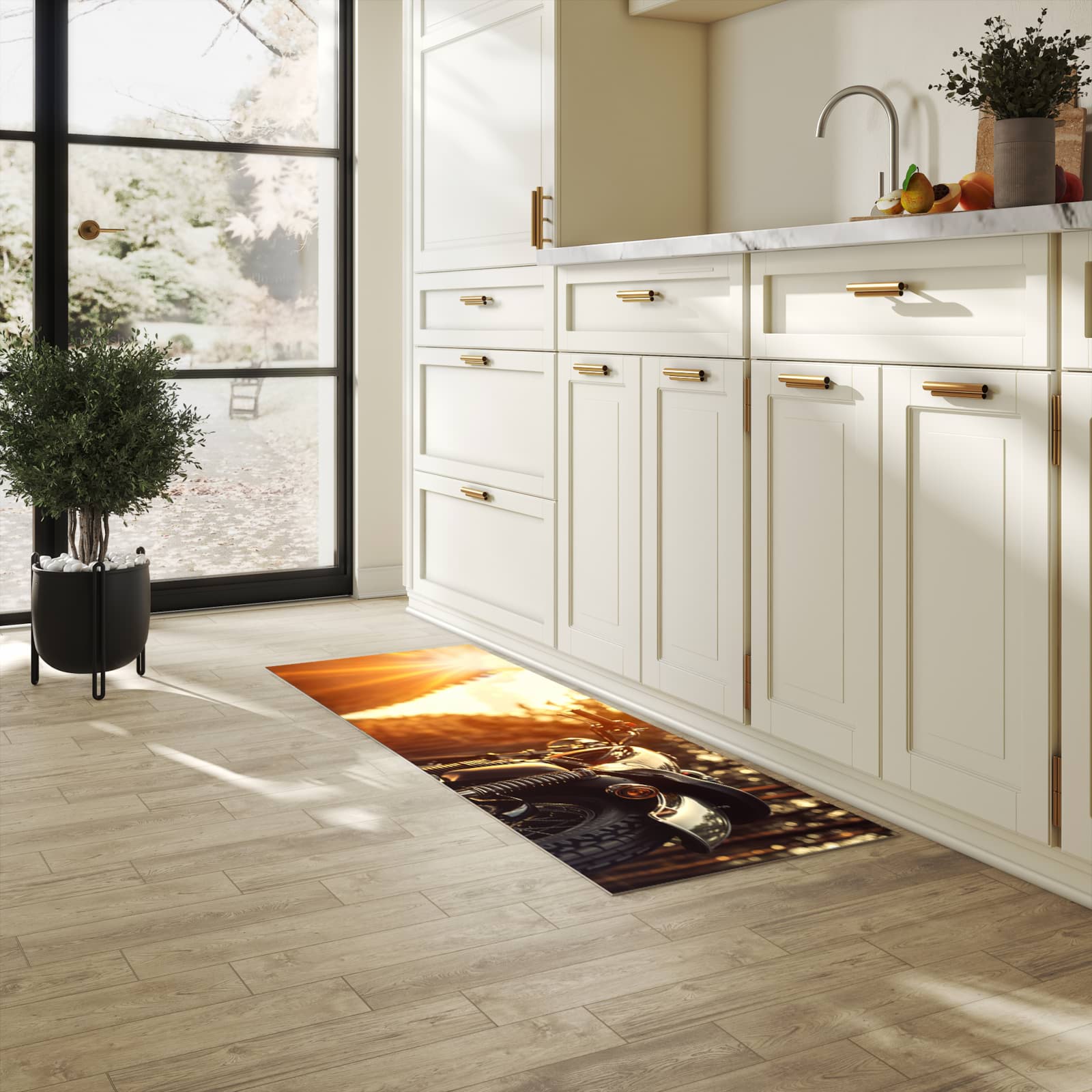 Zeitsparender großer Küchenteppich mit Motiv Motorradsonne in heller Küche