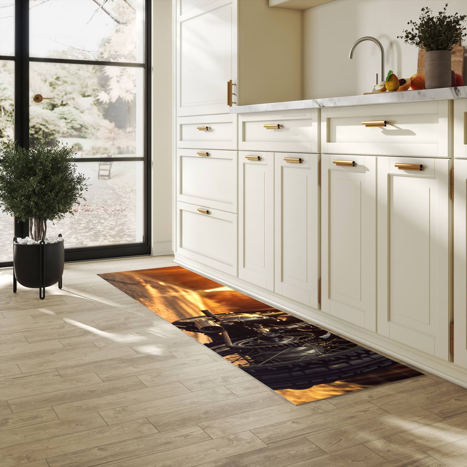 Geräuschdämpfender rutschfester Küchenteppich mit Motiv Motorradsonne in heller Küche