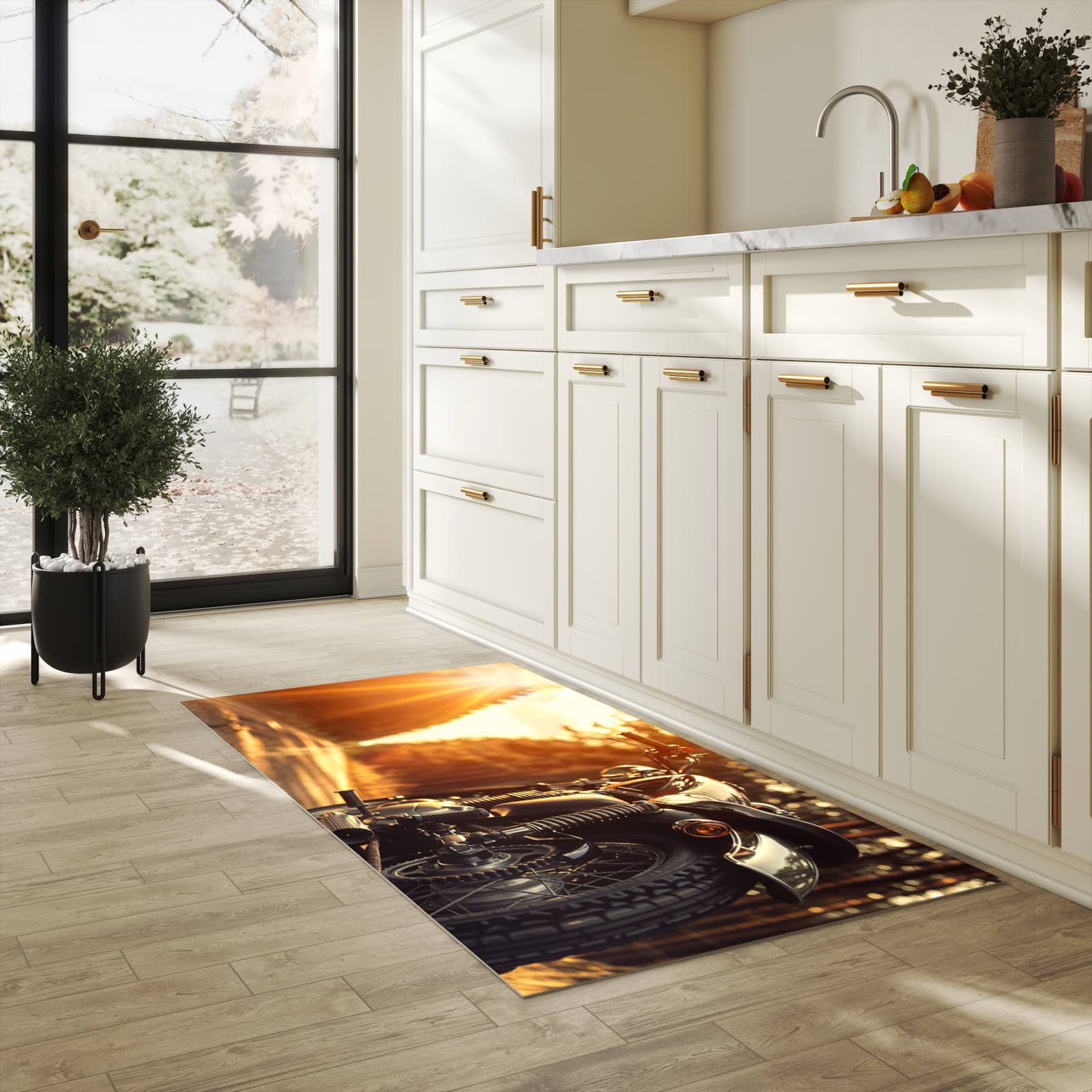 Langlebiger waschbarer Küchenläufer mit Motiv Motorradsonne in heller Küche