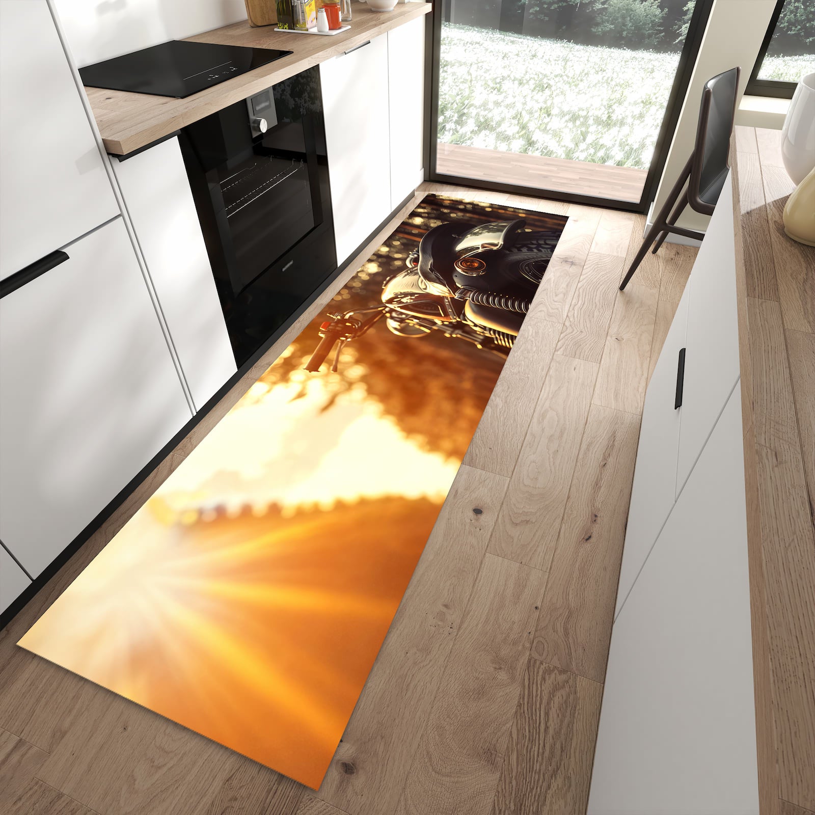 Rutschfester Küchenteppich mit Motiv Motorradsonne in moderner Küche