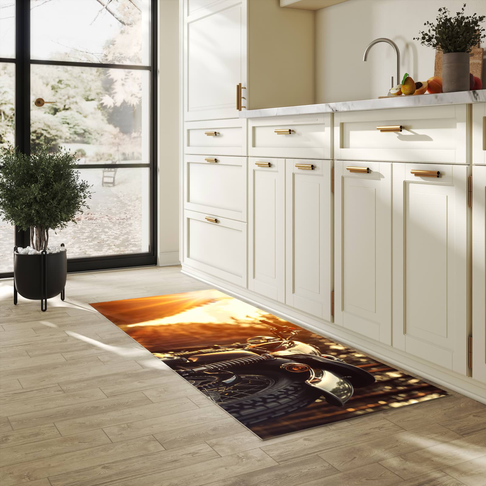 Wasserabweisender Küchenläufer mit Motiv Motorradsonne in heller Küche