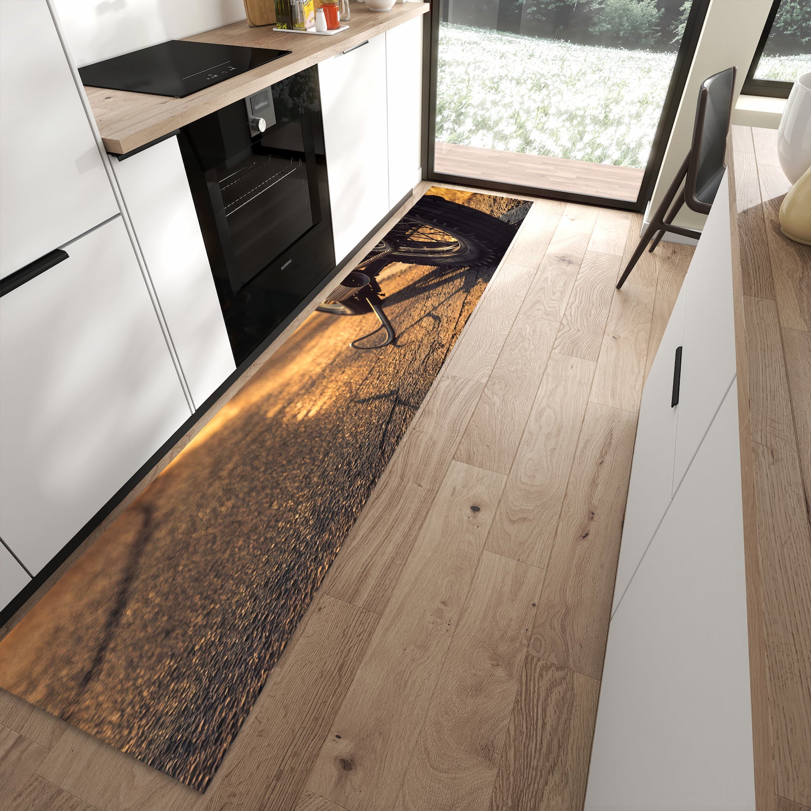 Langlebiger Küchenteppich mit Motiv Motorradsonne in moderner Küche