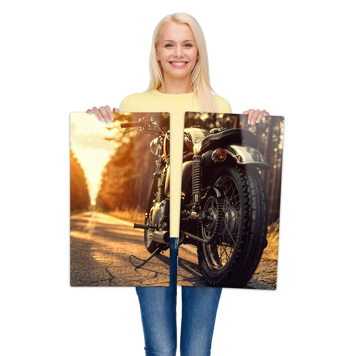 2-teilige Herdabdeckplatten für Ceranfeld mit Motorradsonne-Motiv zur Größendarstellung gehalten