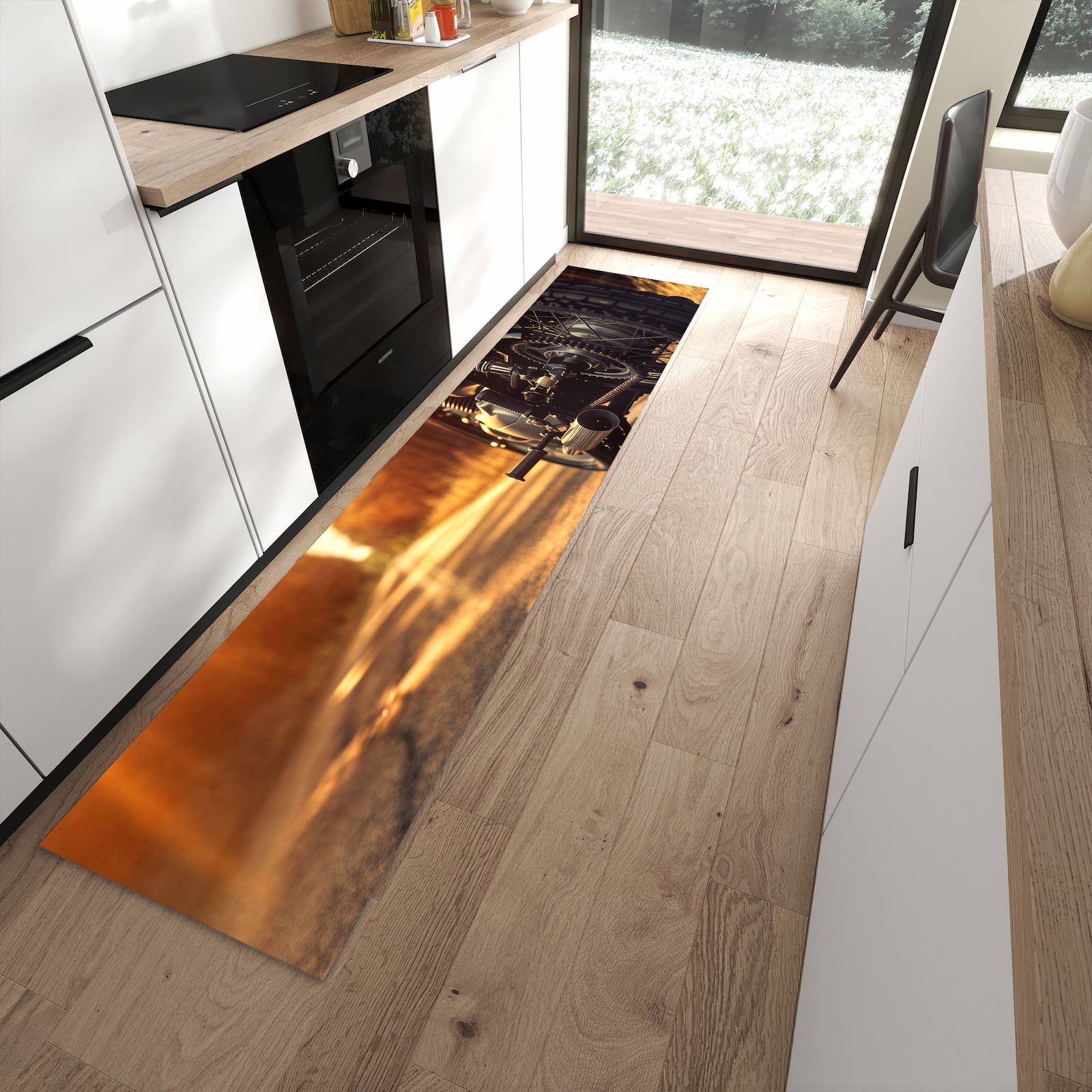 Geruchsneutraler rutschfester Küchenteppich mit Motiv Motorradsonne in moderner Küche