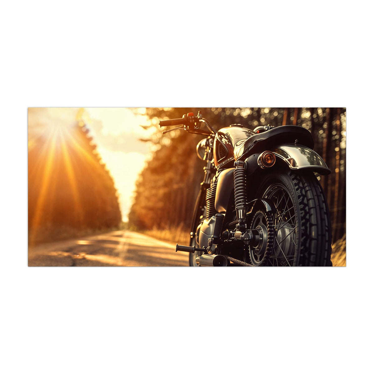 Küchenrückwand aus Glas Motorrad im Gegenlicht im Hochformat, Motiv bildfüllend von vorn