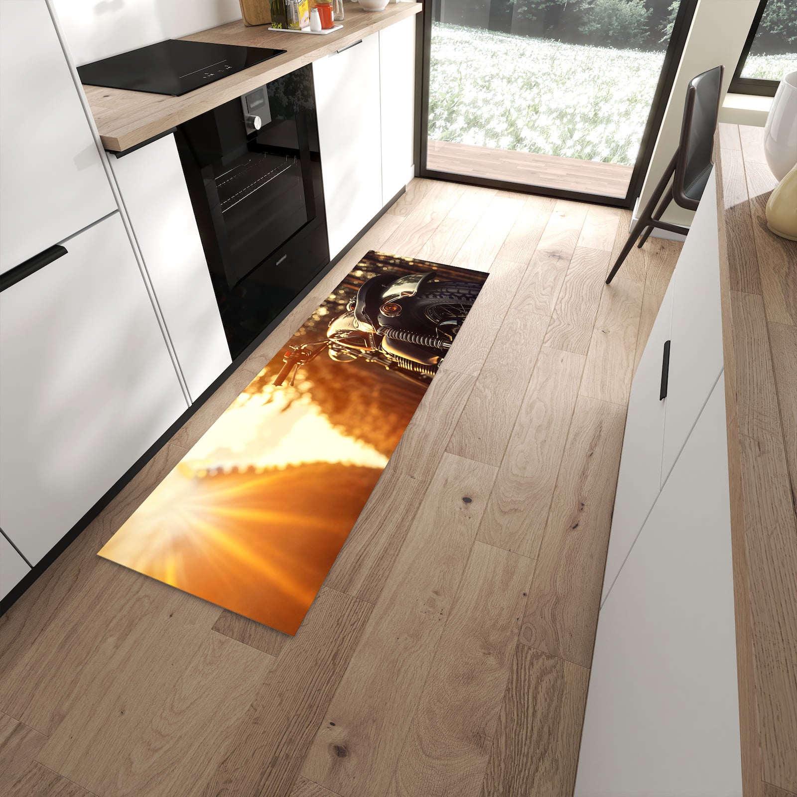Fleckenresistenter waschbarer Küchenteppich mit Motiv Motorradsonne in moderner Küche
