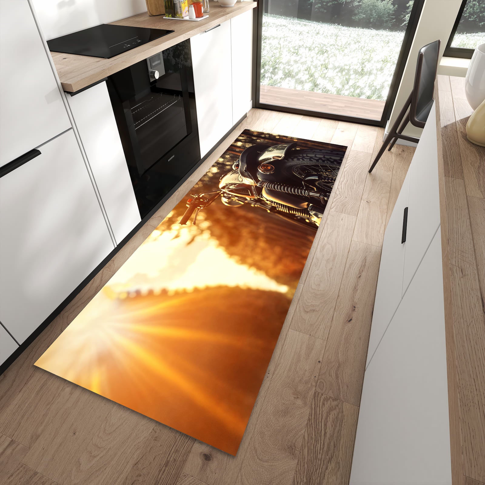 Hygienischer Küchenläufer mit Motiv Motorradsonne in moderner Küche