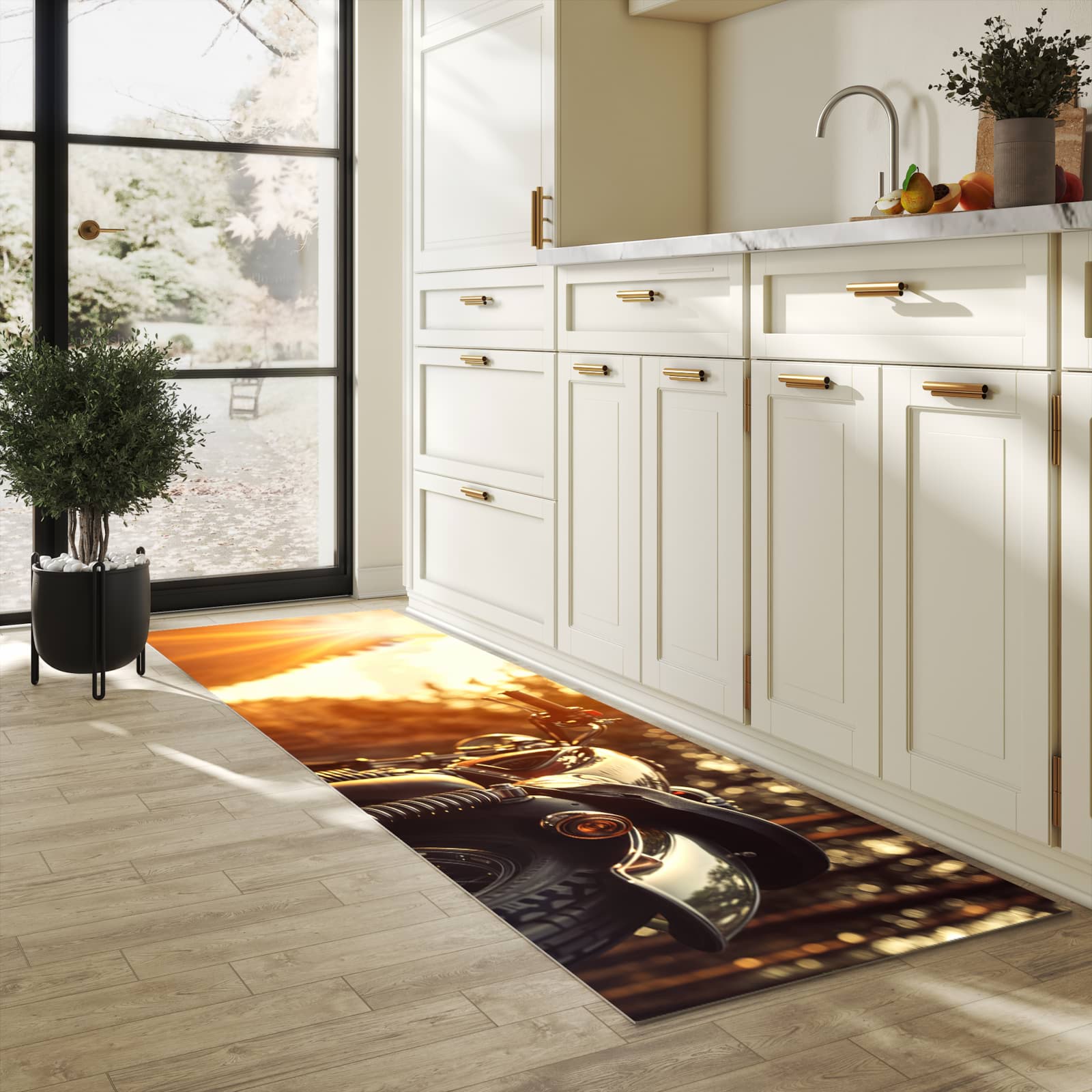 Schmutzabweisender rutschfester Küchenläufer mit Motiv Motorradsonne in heller Küche