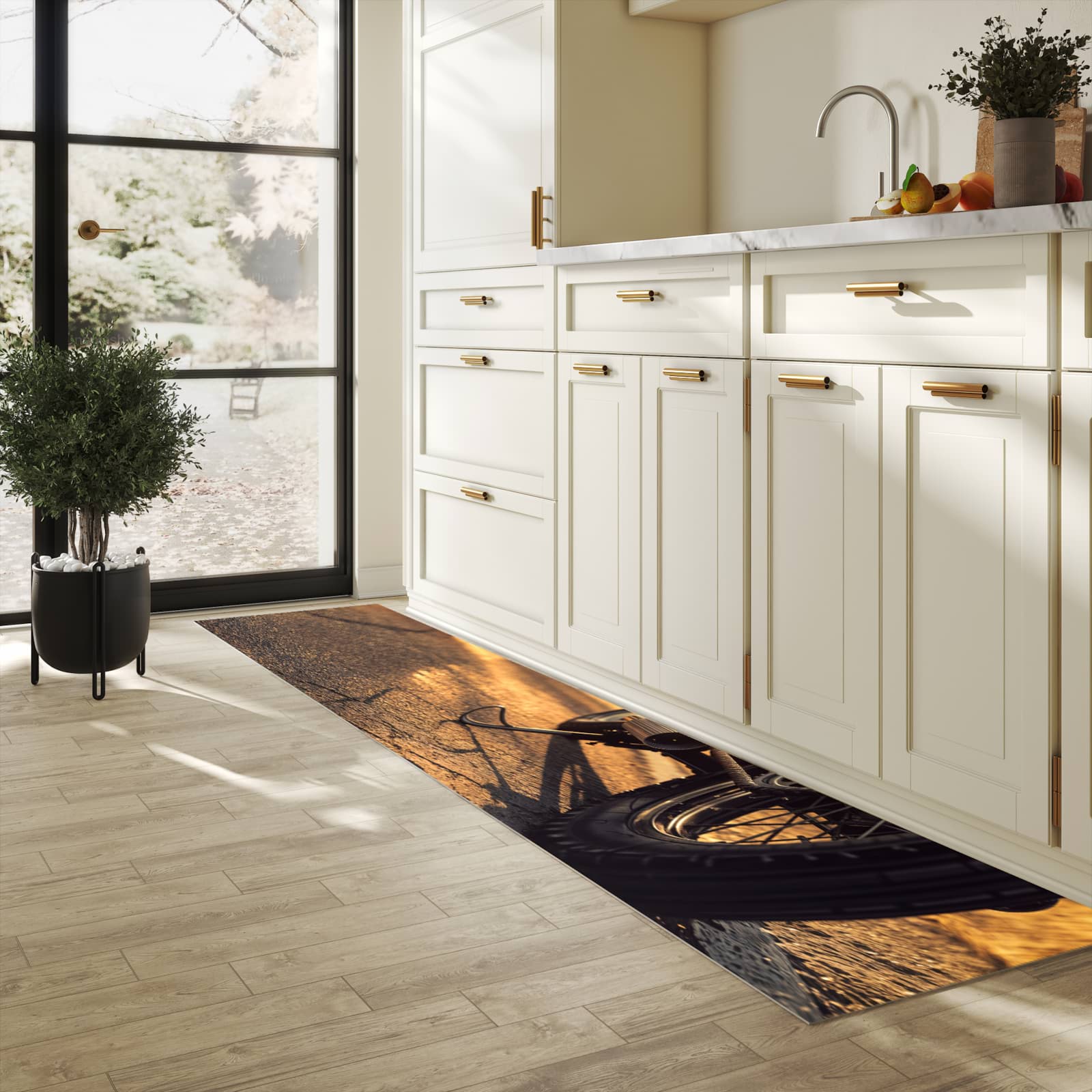 UV-beständiger Küchenläufer mit Motiv Motorradsonne in heller Küche