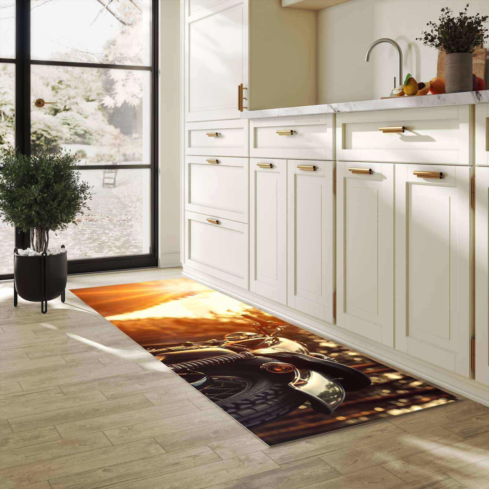 Fleckenresistenter Küchenläufer mit Motiv Motorradsonne in heller Küche