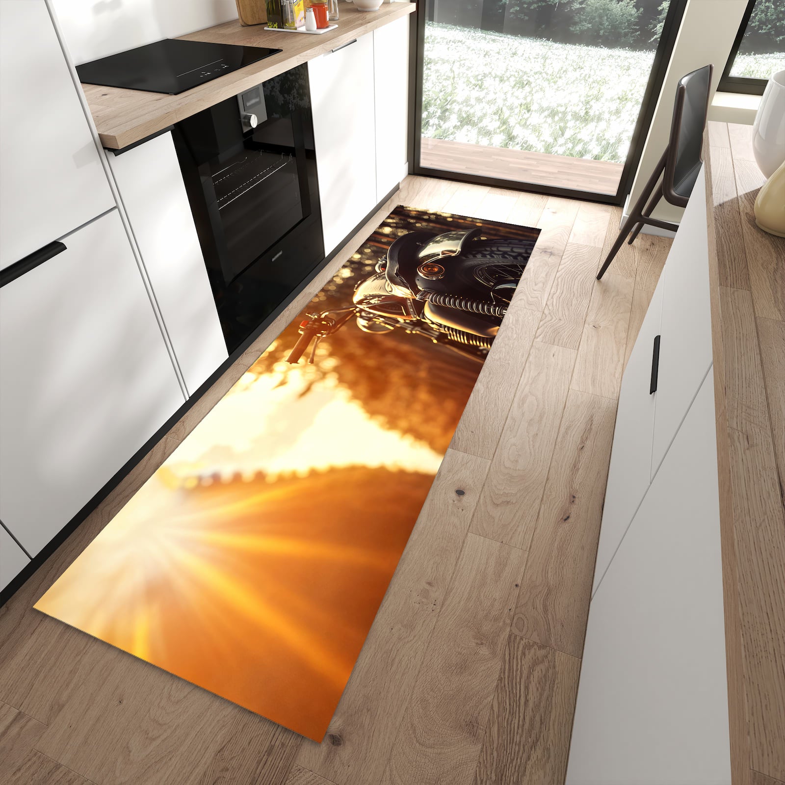 Komfortabler großer Küchenteppich mit Motiv Motorradsonne in moderner Küche