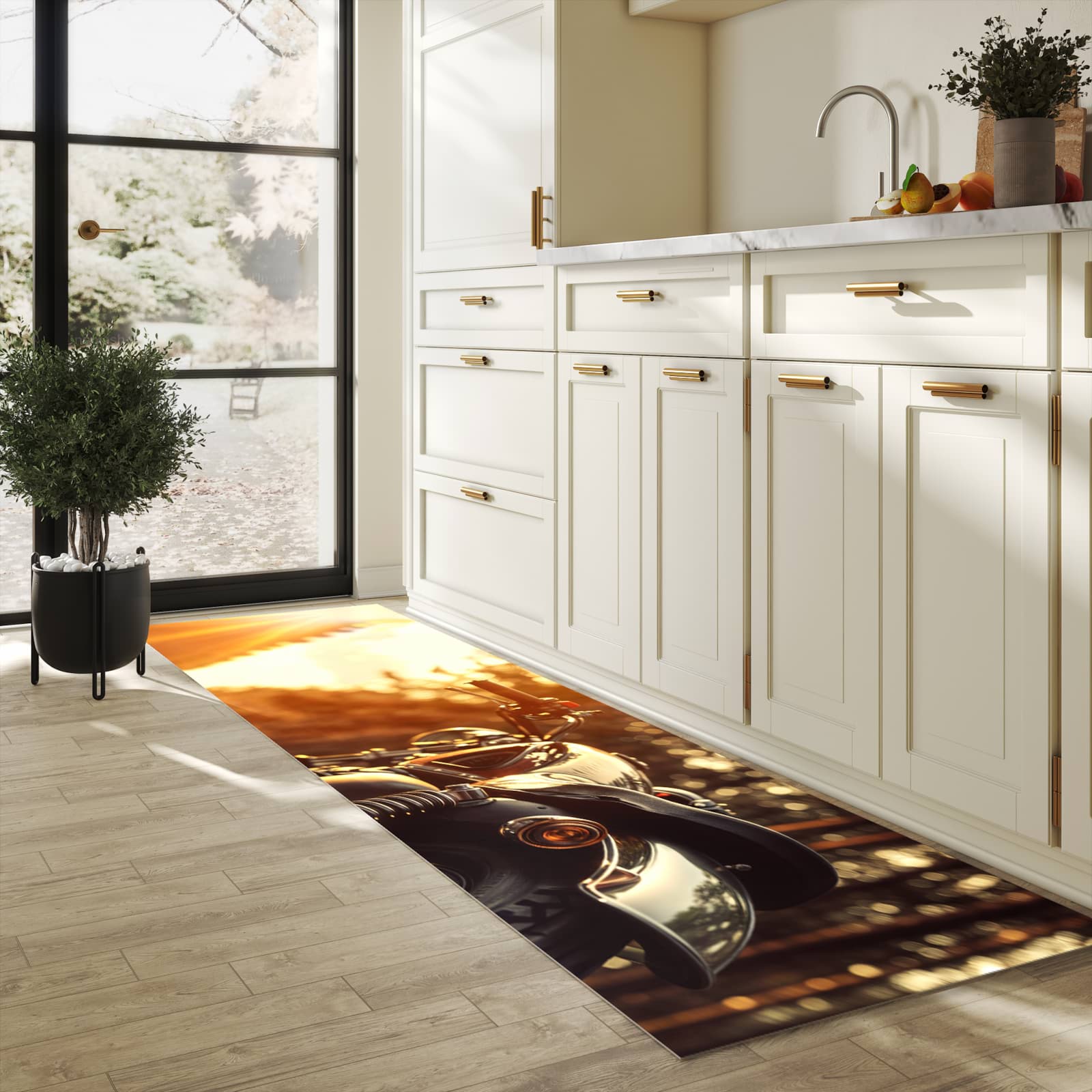 Geruchsneutraler rutschfester Küchenläufer mit Motiv Motorradsonne in heller Küche