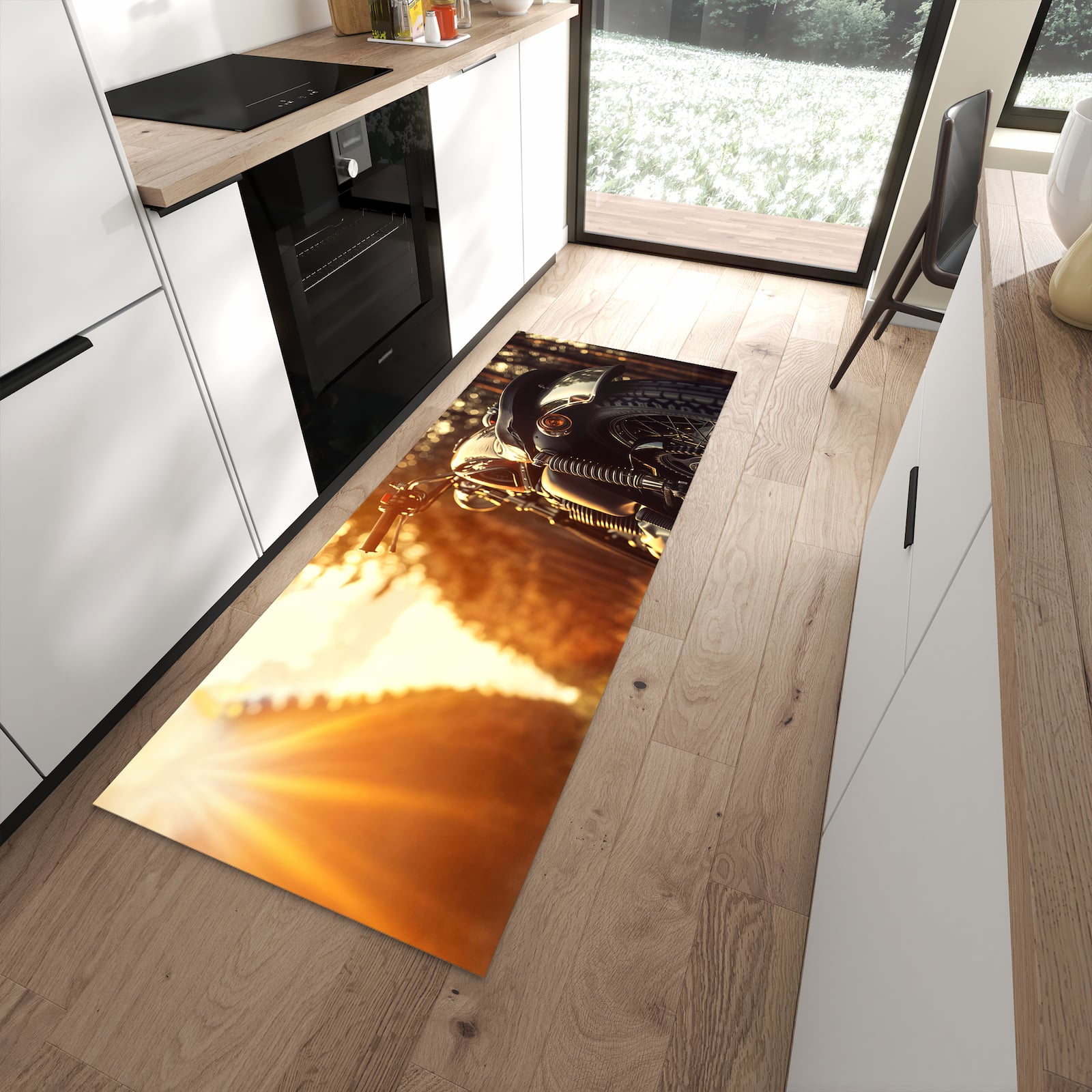 Pflegeleichter waschbarer Küchenteppich mit Motiv Motorradsonne in moderner Küche