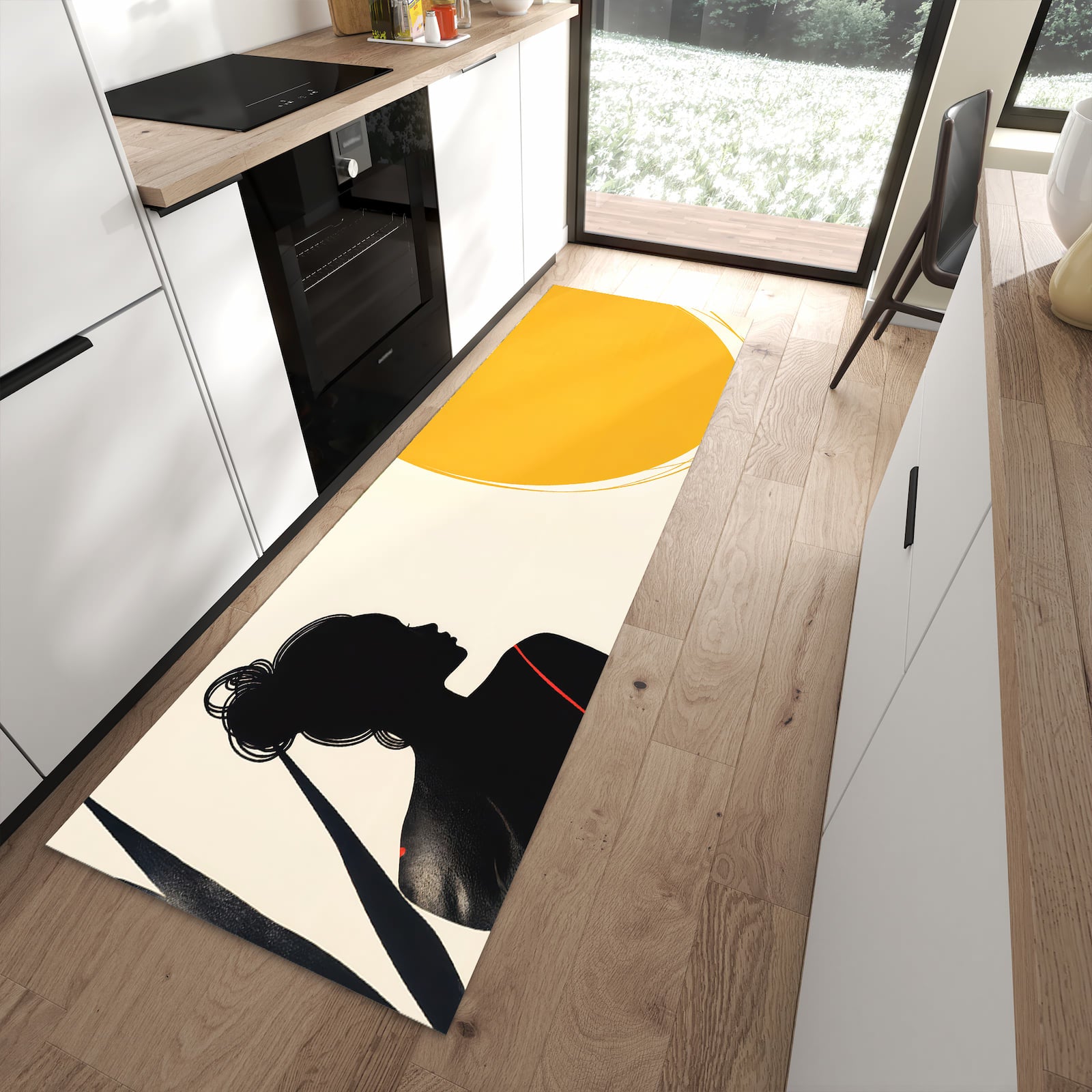 Waschbarer Küchenteppich mit Motiv Sanfte Sonnenbaden in moderner Küche für sichere Aufbewahrung
