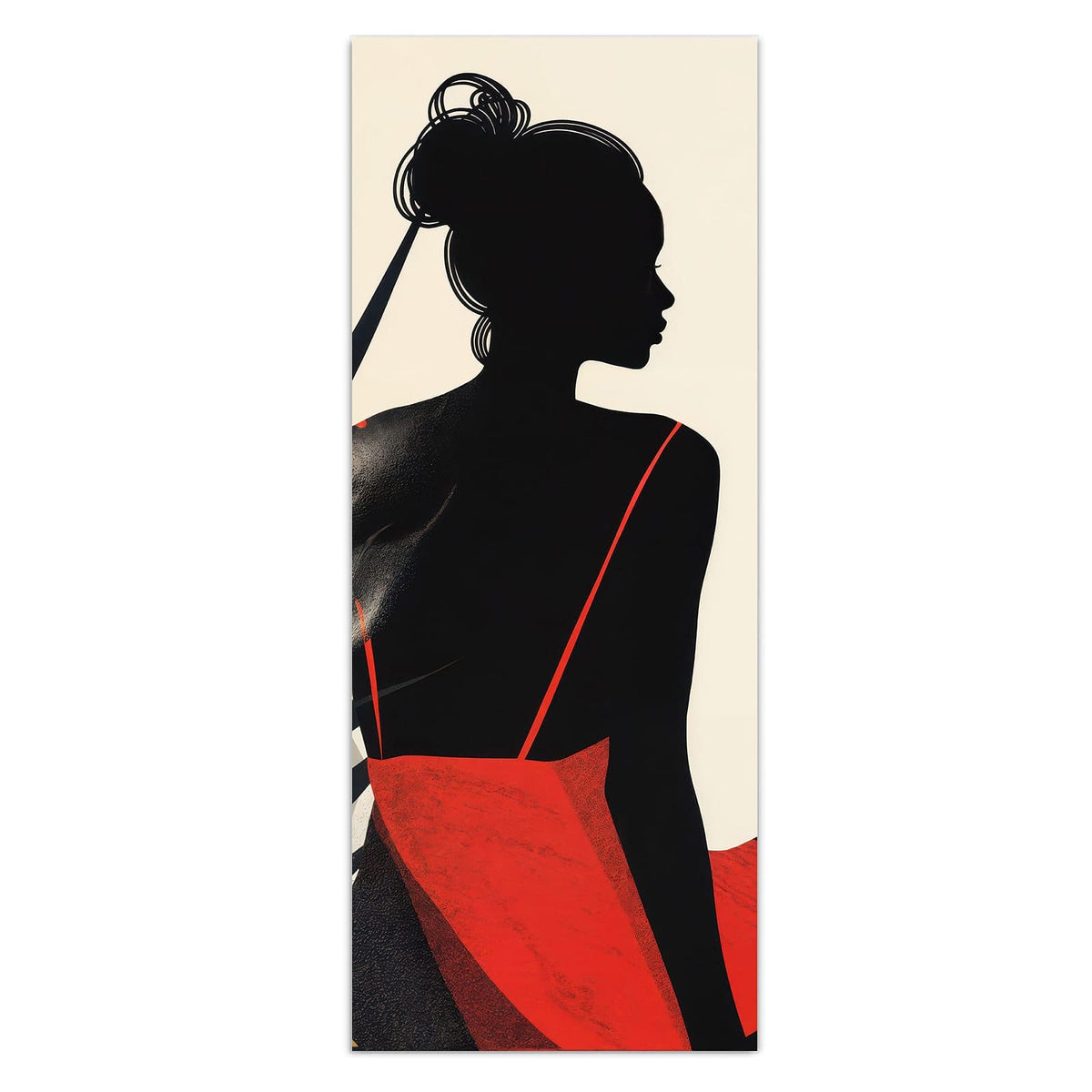 Grafische schwarze Silhouette einer sitzenden Frau im roten Kleid neben gelbem Sonnenkreis