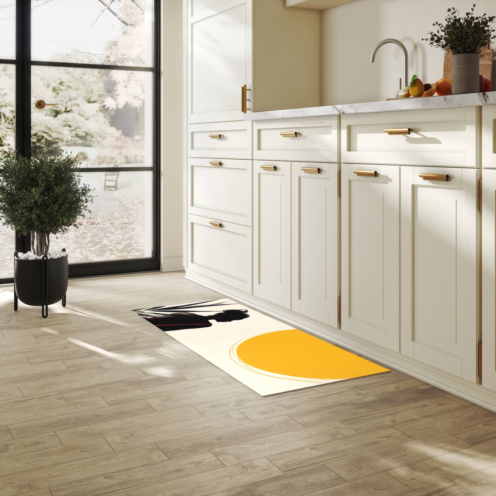 Rutschfester Küchenteppich mit Motiv Sanfte Sonnenbaden in heller Küche, einfach zu reinigen