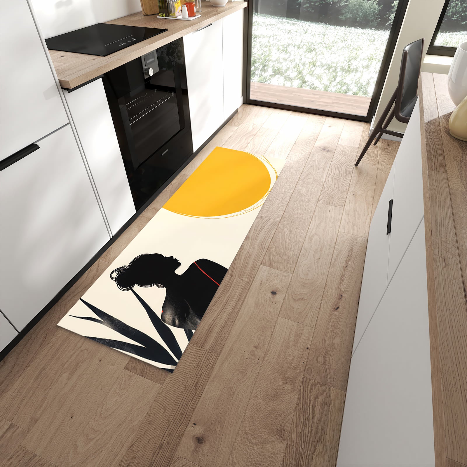 Feuchtigkeitsresistenter waschbarer Küchenläufer mit Motiv Sanfte Sonnenbaden in moderner Küche