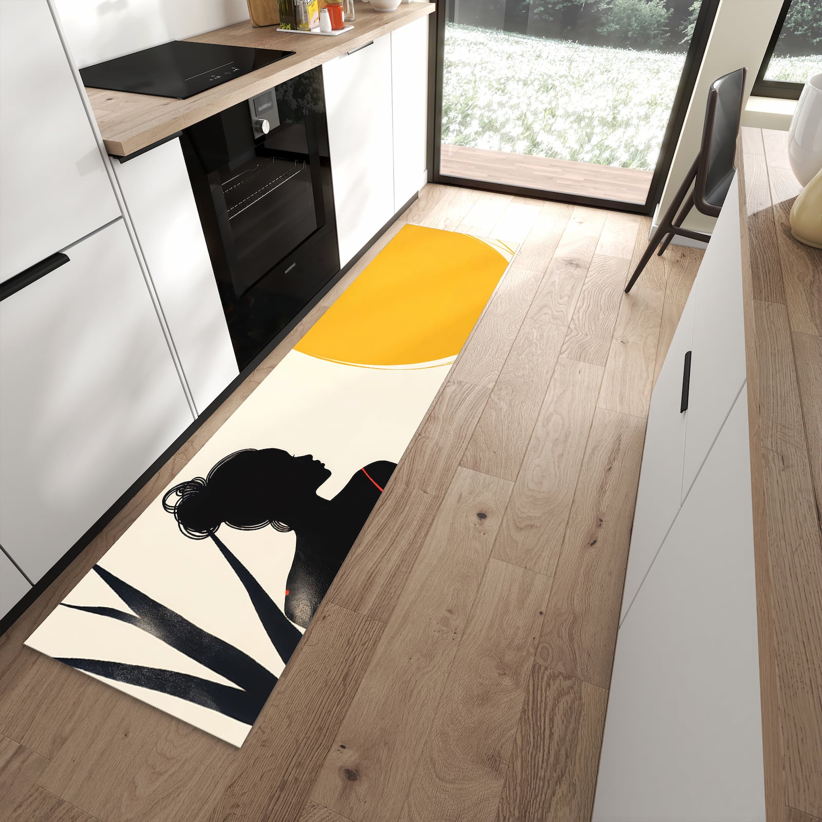 Bodenschonender langer Teppich mit Motiv Sanfte Sonnenbaden in moderner Küche