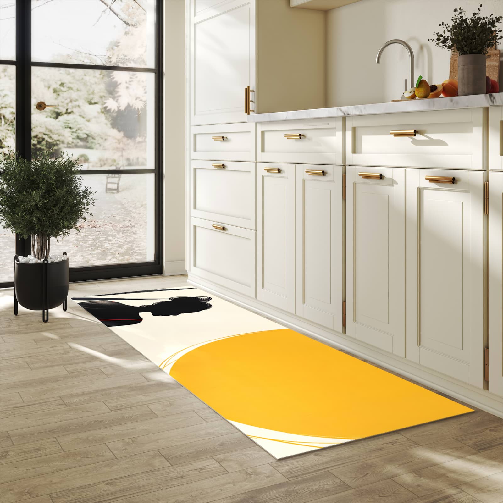 Feuchtigkeitsresistenter Küchenteppich mit Motiv Sanfte Sonnenbaden in heller Küche