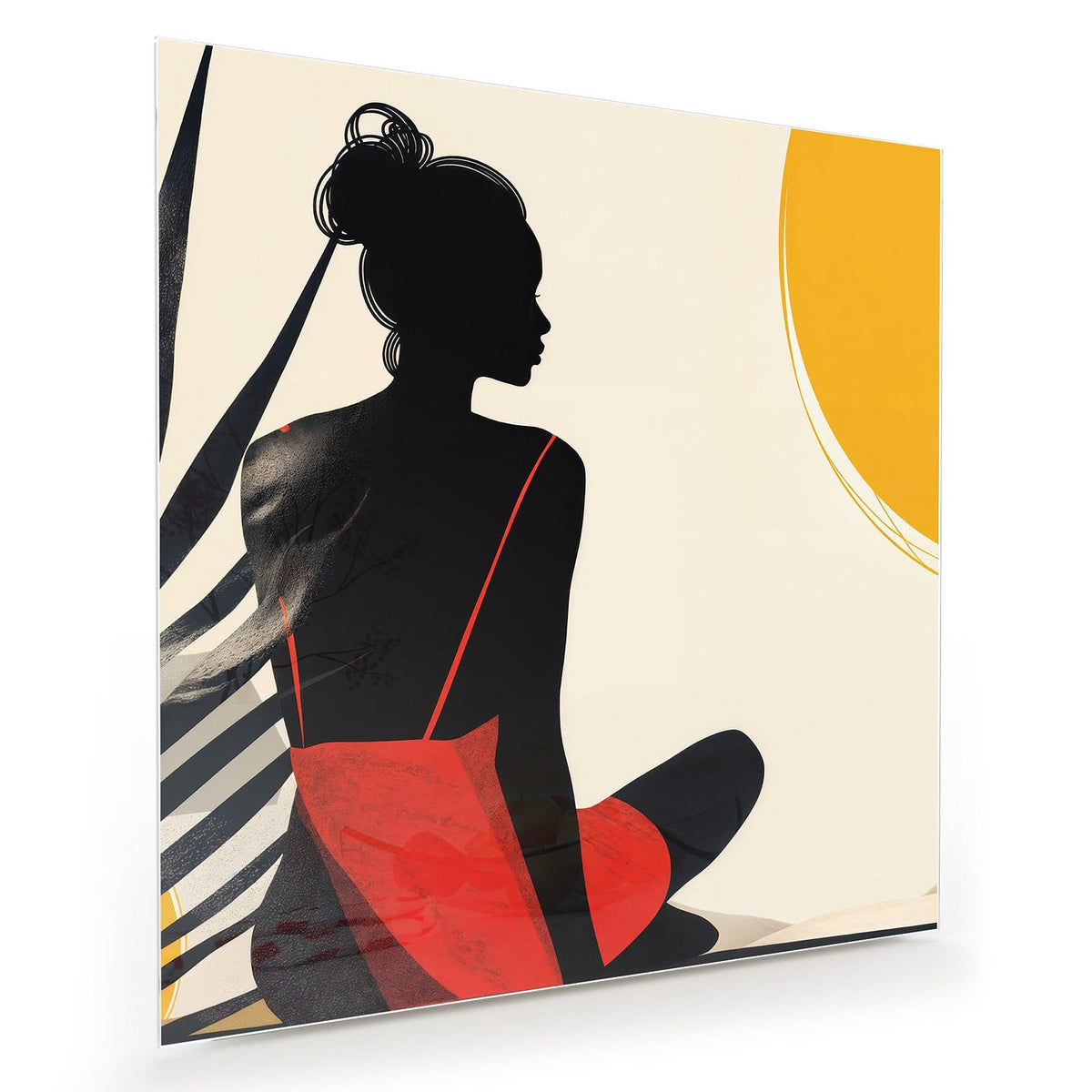 Grafische schwarze Silhouette einer sitzenden Frau im roten Kleid neben gelbem Sonnenkreis