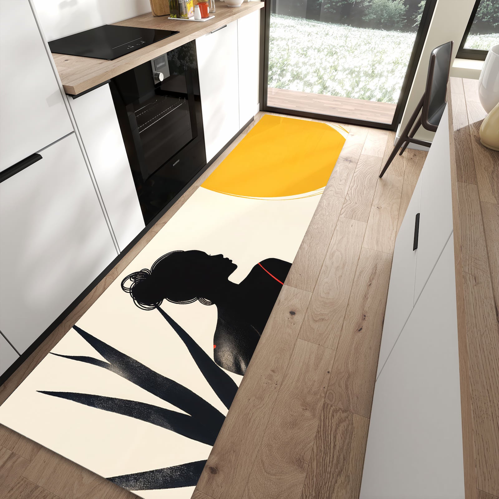 Geräuschdämpfender Teppich für Esstisch mit Motiv Sanfte Sonnenbaden in moderner Küche