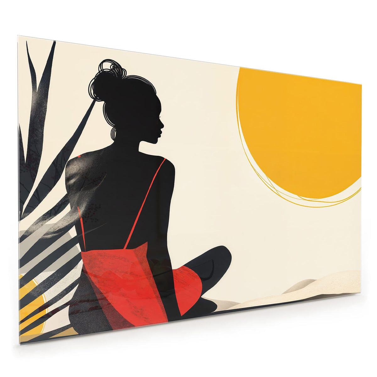 Küchenrückwand aus Glas im Hochformat: Grafische schwarze Silhouette einer sitzenden Frau im roten Kleid neben gelbem Sonnenkreis