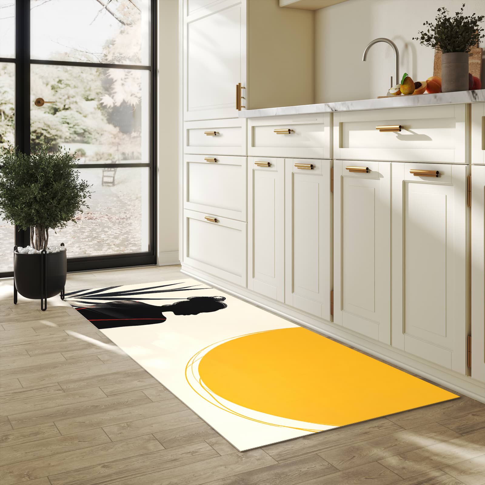 Farbbeständiger Küchenteppich mit Motiv Sanfte Sonnenbaden in heller Küche