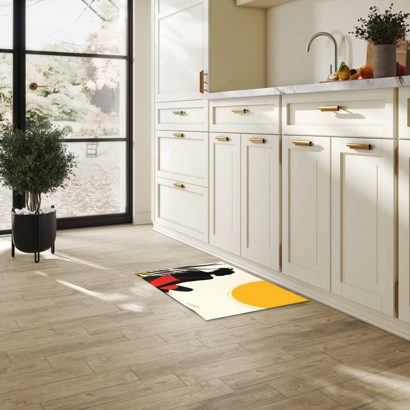 Langlebiger Bodenläufer mit Motiv Sanfte Sonnenbaden in heller Küche