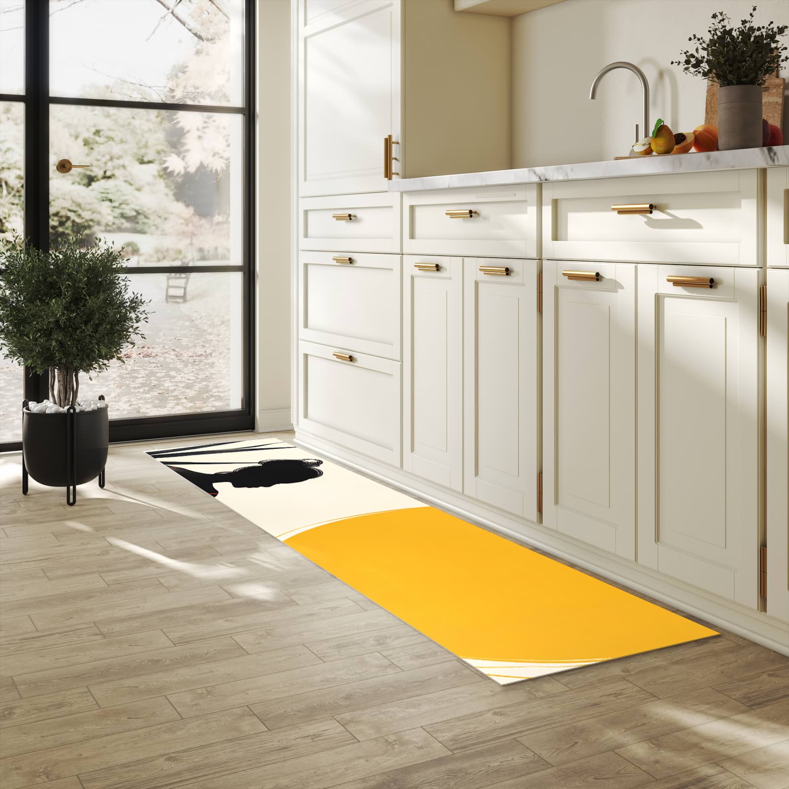 Strapazierfähiger Teppich für Esstisch mit Motiv Sanfte Sonnenbaden in heller Küche