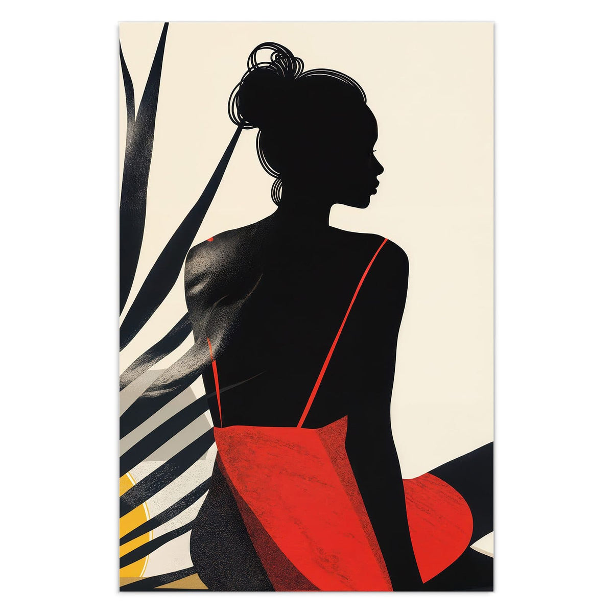 Grafische schwarze Silhouette einer sitzenden Frau im roten Kleid neben gelbem Sonnenkreis