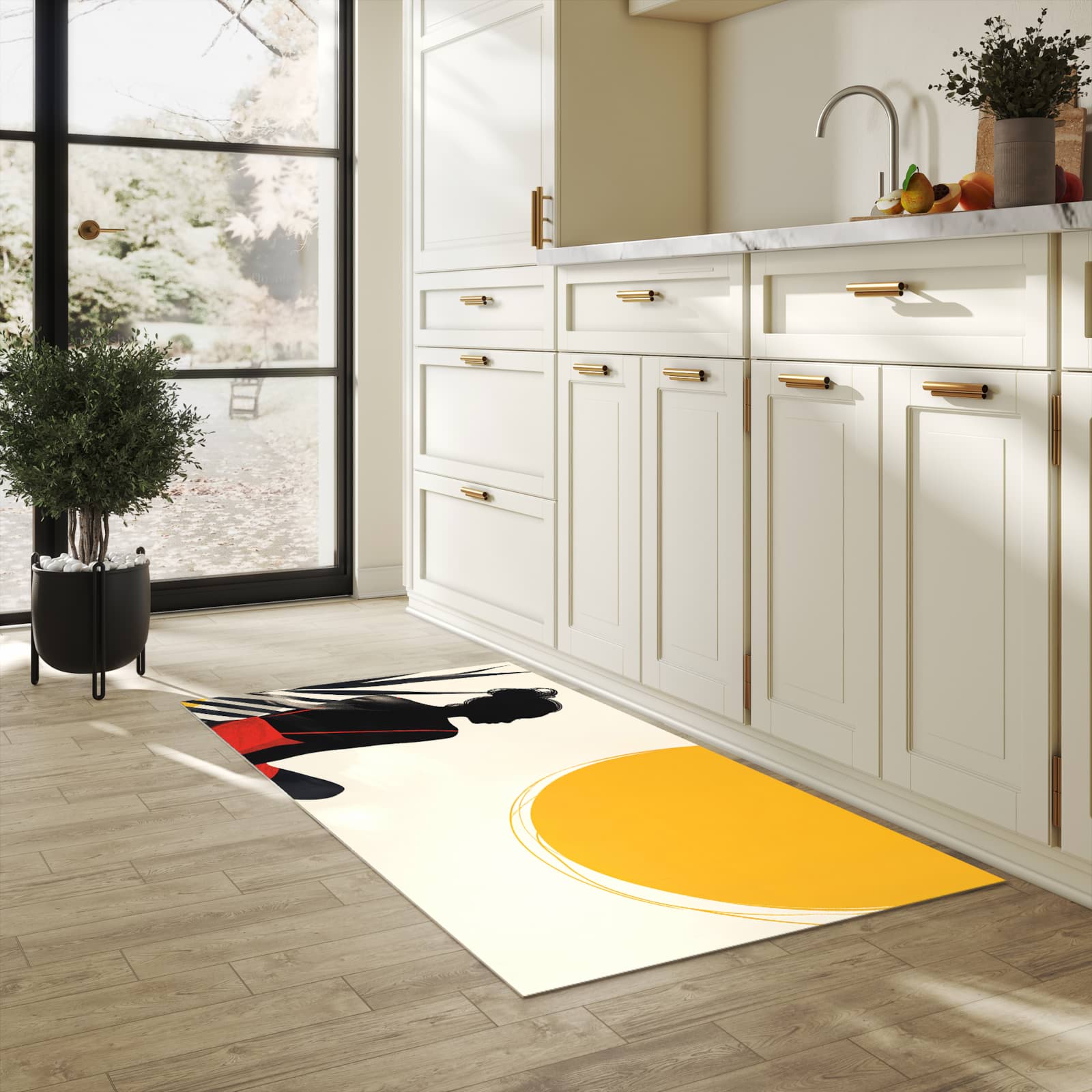 Bodenschonender rutschfester Küchenteppich mit Motiv Sanfte Sonnenbaden in heller Küche