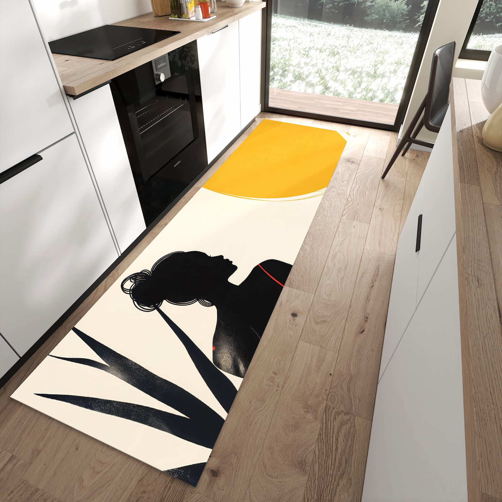 Waschbarer Teppich fürs Esszimmer mit Motiv Sanfte Sonnenbaden in moderner Küche
