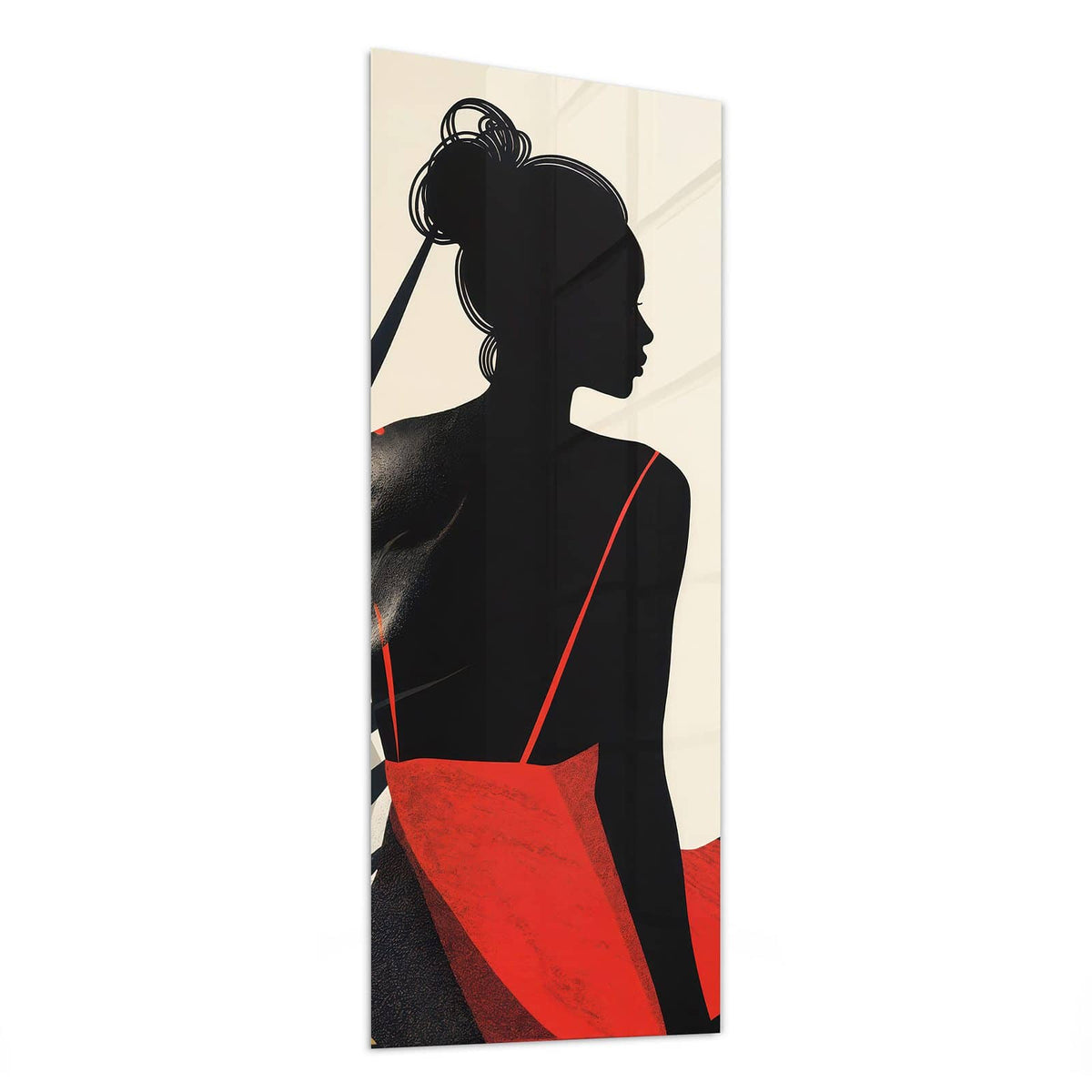 Glasbild Frau im roten Kleid von der Seite, 4 mm Echtglas
