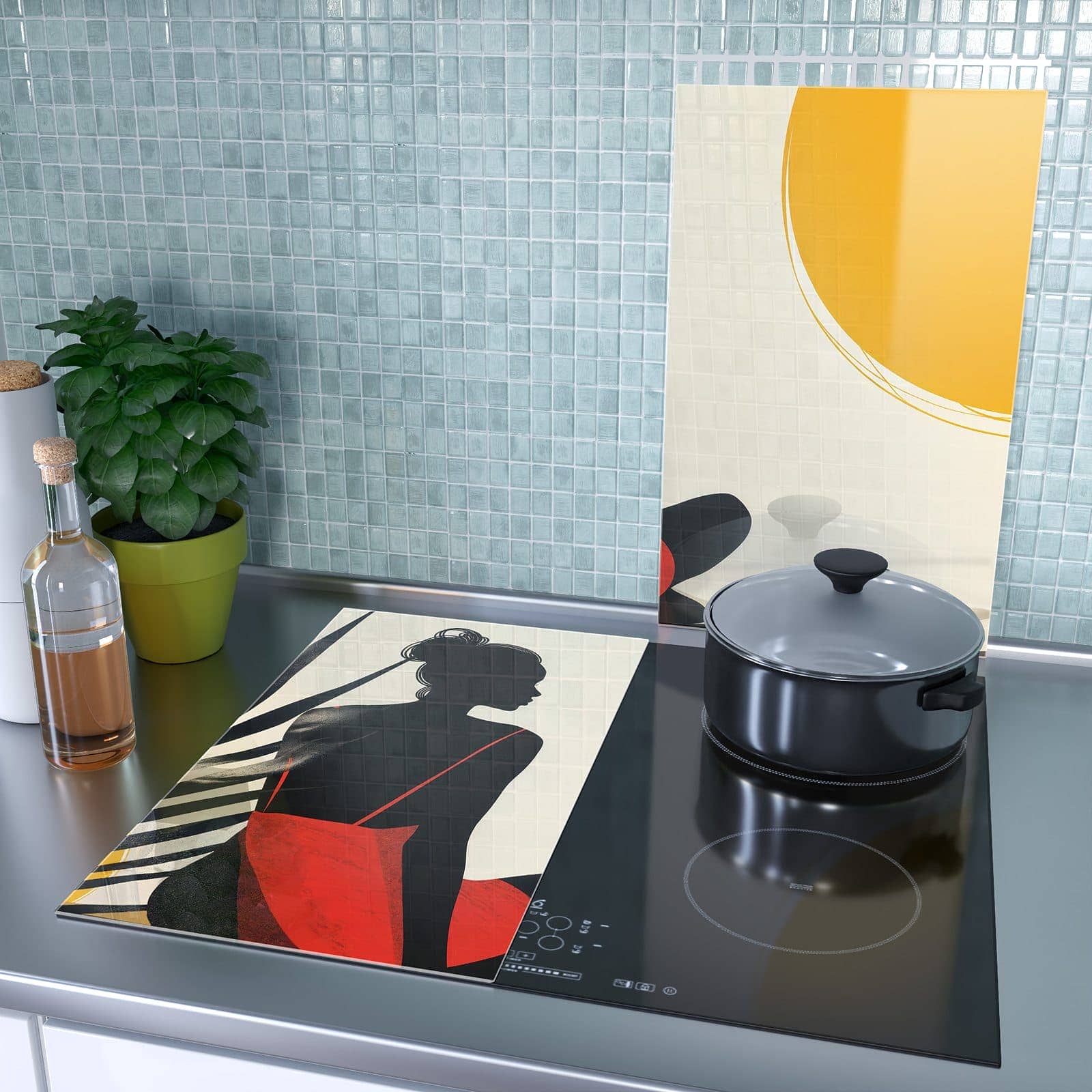 1-teilige Herdabdeckplatte mit Sanfte Sonnenbaden-Motiv als Spritzschutz hinter dem Kochfeld
