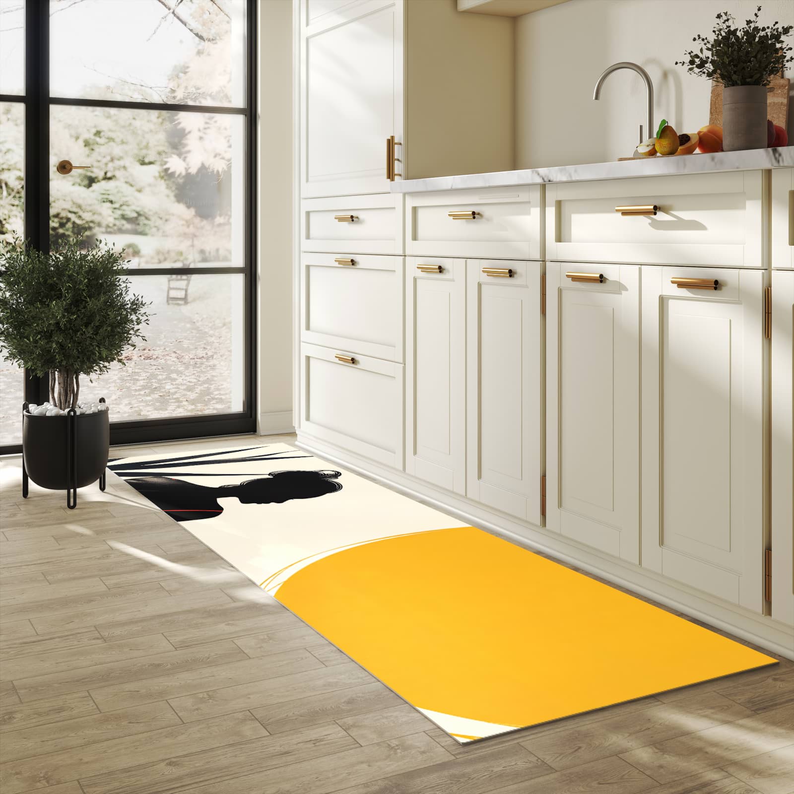 Bodenschonender Küchenteppich mit Motiv Sanfte Sonnenbaden in heller Küche