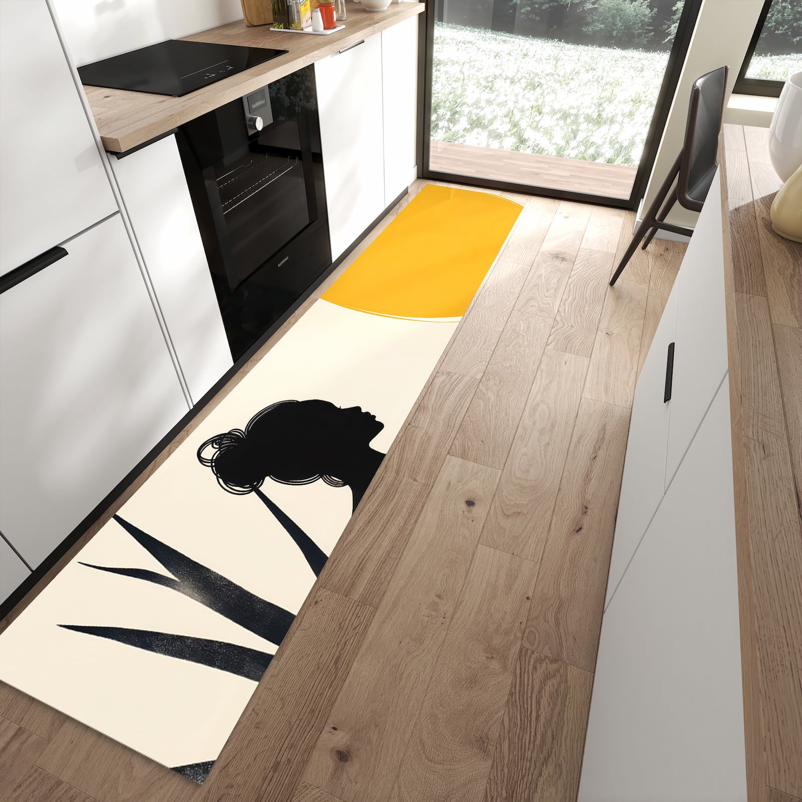 Bodenschonender rutschfester Läufer mit Motiv Sanfte Sonnenbaden in moderner Küche
