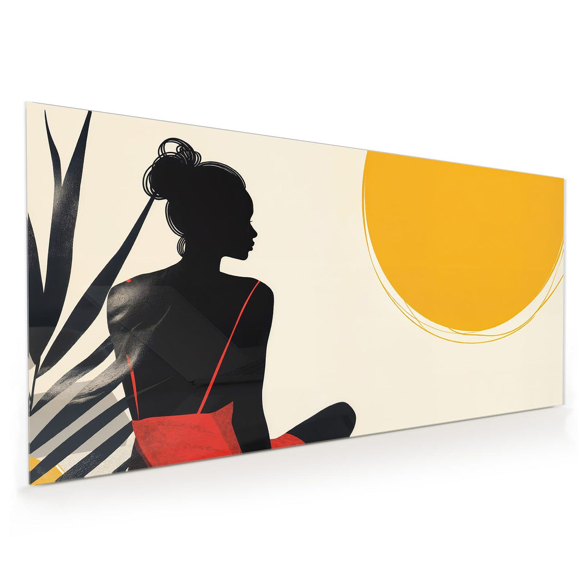 Küchenrückwand aus Glas im Hochformat: Grafische schwarze Silhouette einer sitzenden Frau im roten Kleid neben gelbem Sonnenkreis