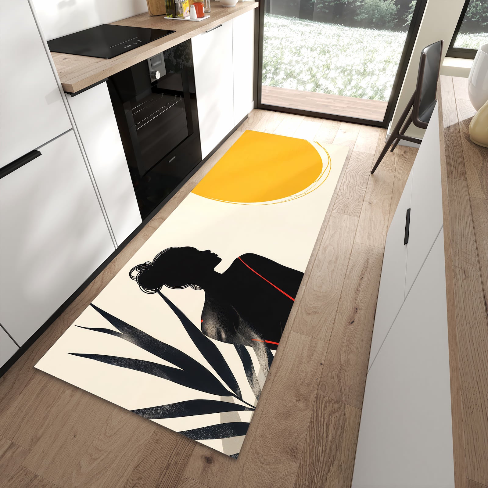 UV-beständiger Bodenläufer mit Motiv Sanfte Sonnenbaden in moderner Küche