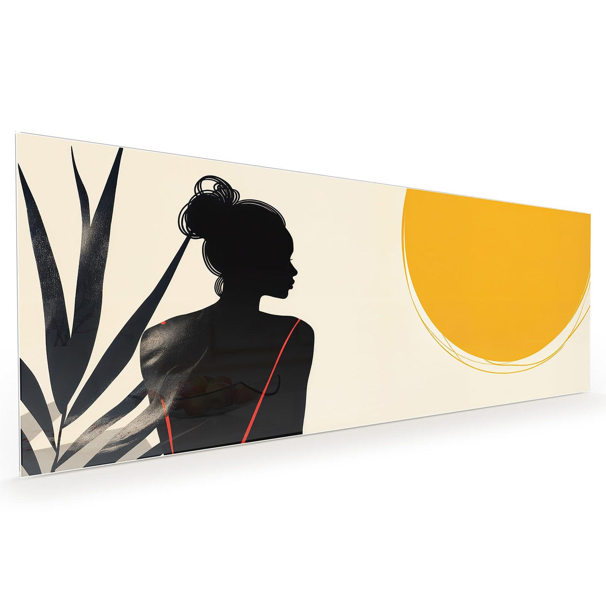 Küchenrückwand aus Glas im Hochformat: Grafische schwarze Silhouette einer sitzenden Frau im roten Kleid neben gelbem Sonnenkreis
