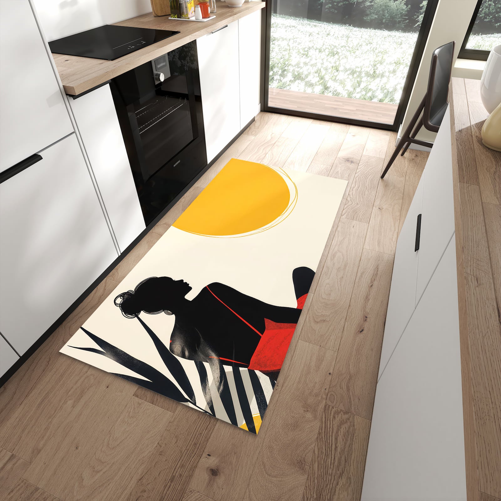 Abriebfester rutschfester Küchenteppich mit Motiv Sanfte Sonnenbaden in moderner Küche