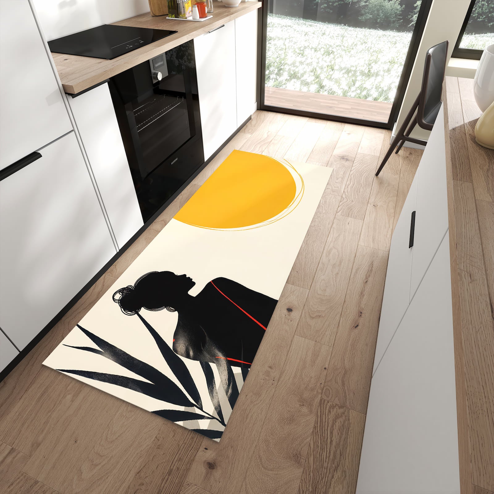 Formstabiler rutschfester Küchenteppich mit Motiv Sanfte Sonnenbaden in moderner Küche