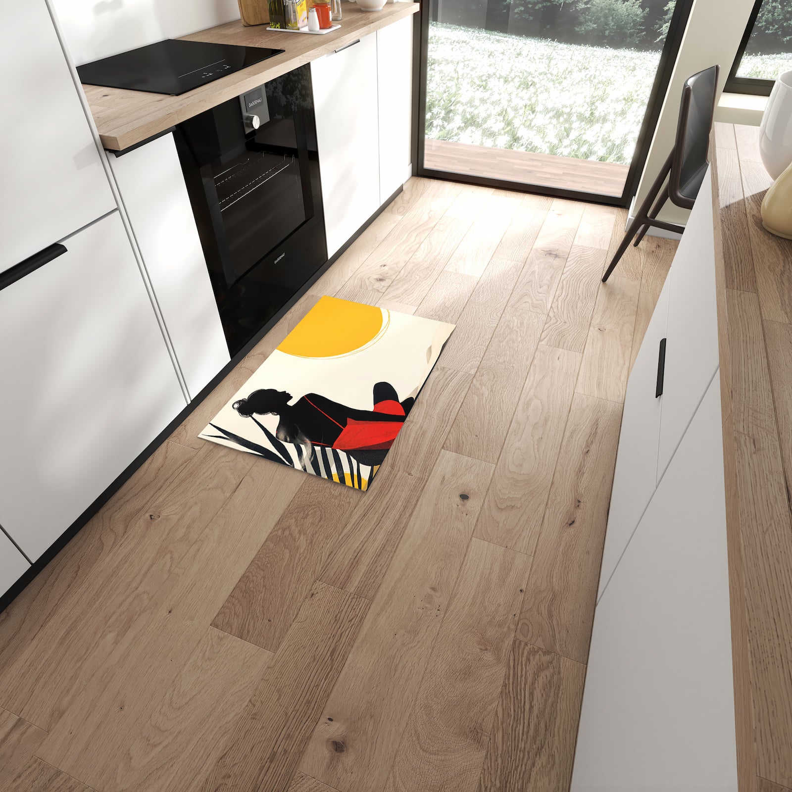 Farbbeständiger dünner Teppich mit Motiv Sanfte Sonnenbaden in moderner Küche
