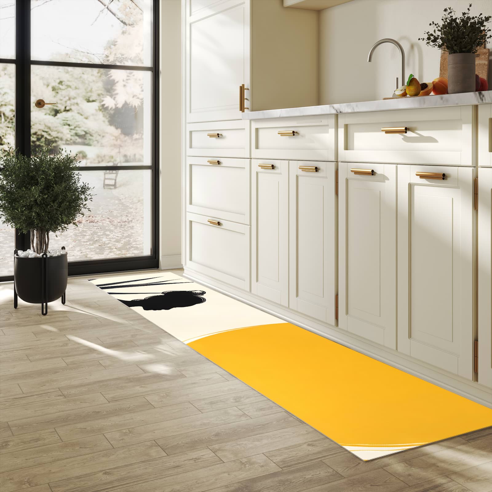 Waschbarer rutschfester Küchenteppich mit Motiv Sanfte Sonnenbaden in heller Küche