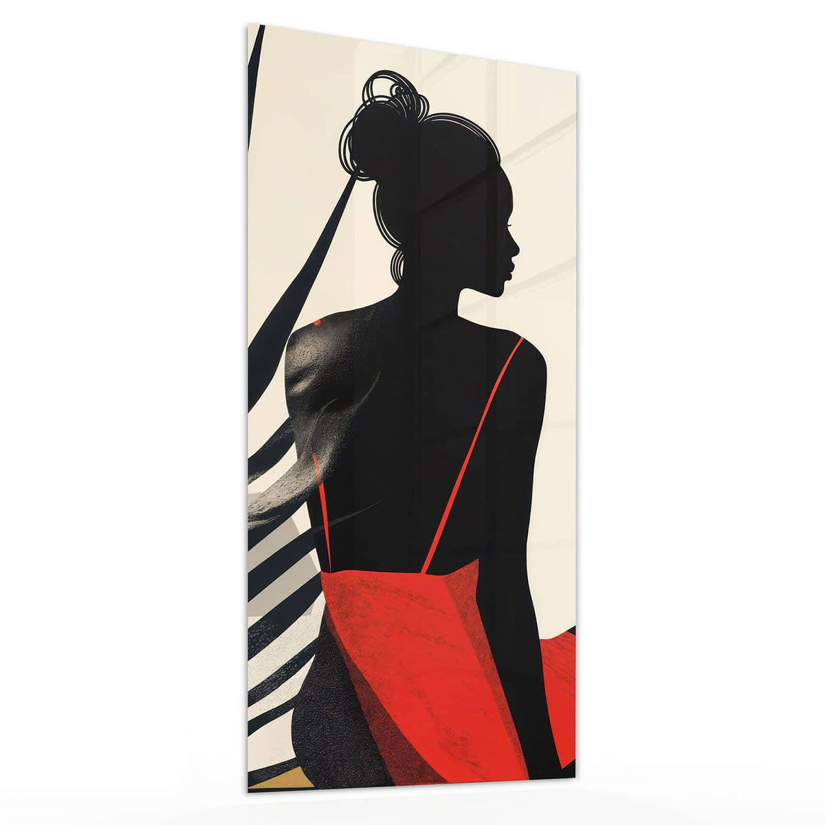 Glasbild Frau im roten Kleid von der Seite, 4 mm Echtglas